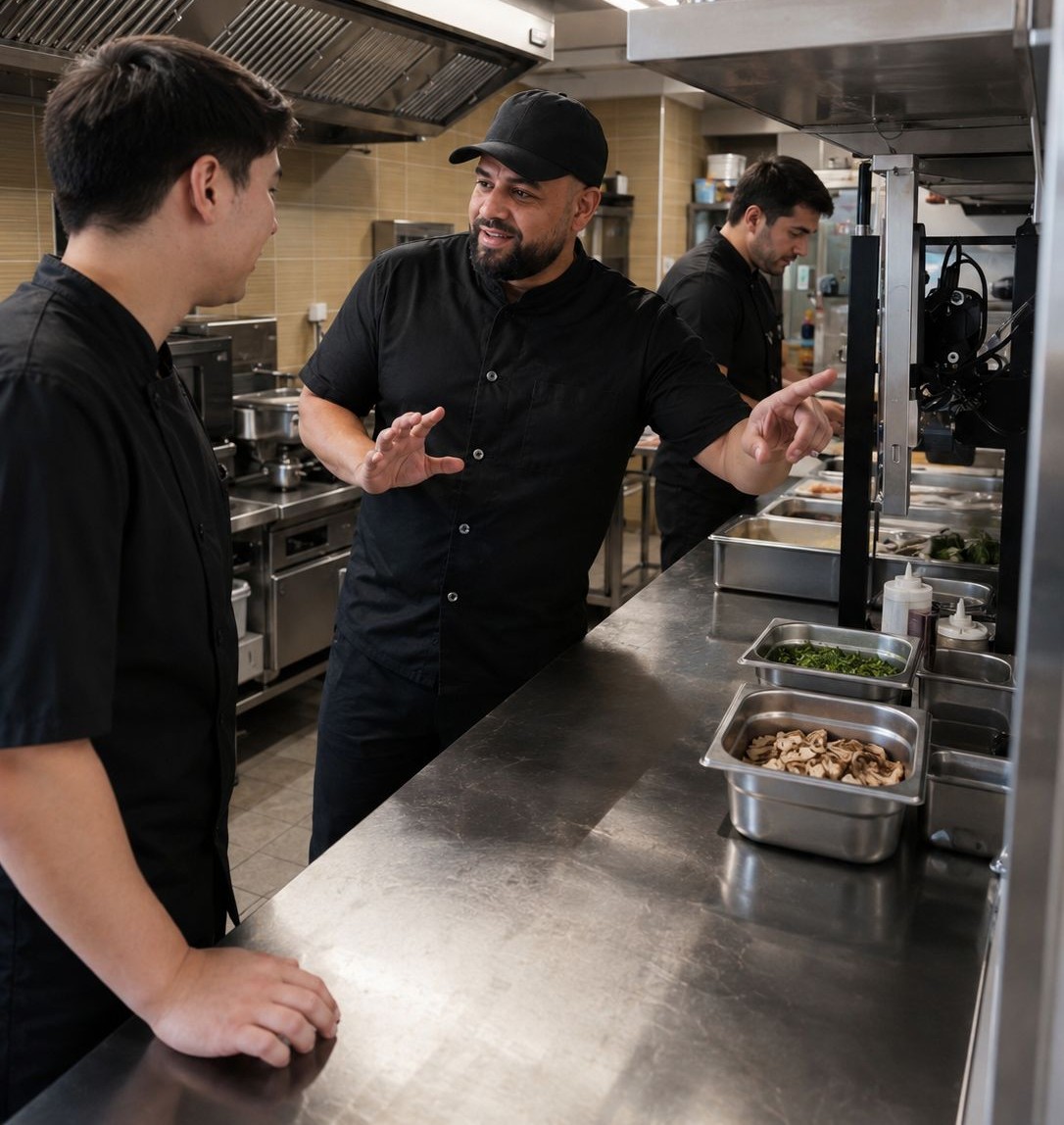 Chérif Hassan, fondateur d'Illustre Consulting, en cuisine avec une équipe
